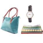 Seagreen Handbag + Banarsi Clutch + Black Strap watch